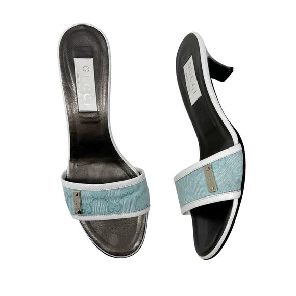 Gucci Monogram Canvas Kitten Heel Slides Blue White Logo Mules Sandals 7.5 - Picture 1 of 9